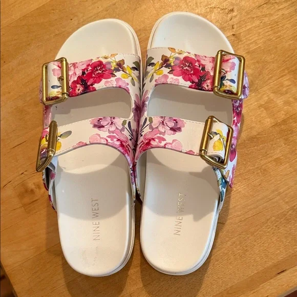 Nine West Pink Floral Sandals with Gold Buckles - Picture 2 of 3